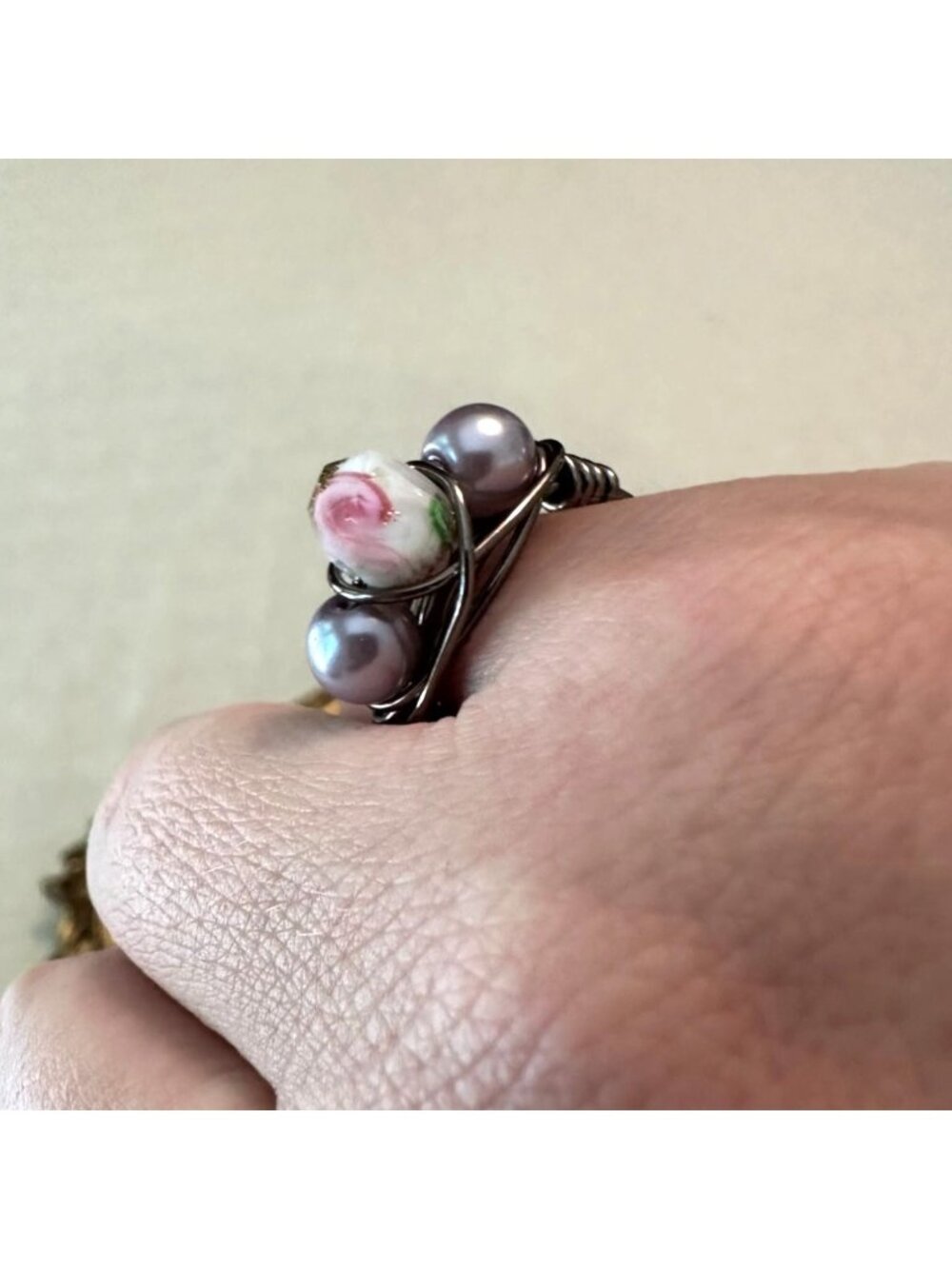 Handmade Wire Wrapped Ring Lampwork Bead & Purple Glass Pearls Gunmetal Sz 5 1/4 - Picture 9 of 10